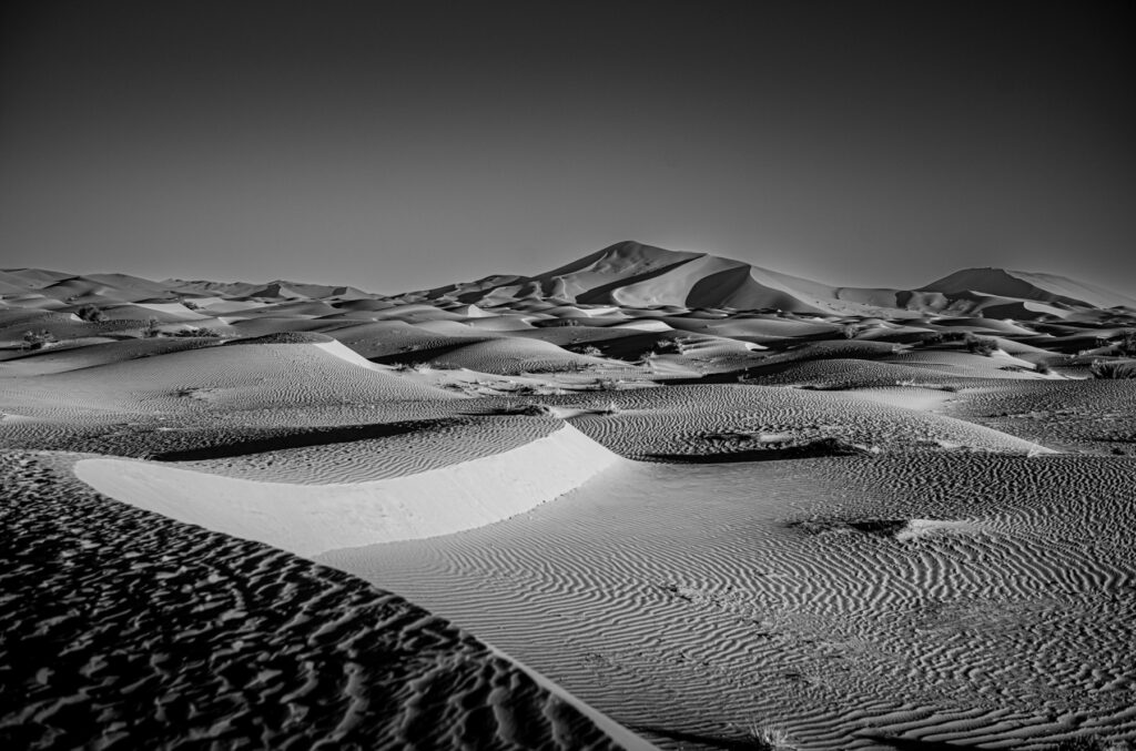 Marokko 2024 

Captivating black and white landscape of the Marokko Sahara, showcasing the dramatic curves and intricate patterns of the endless sand dunes under a clear sky.
